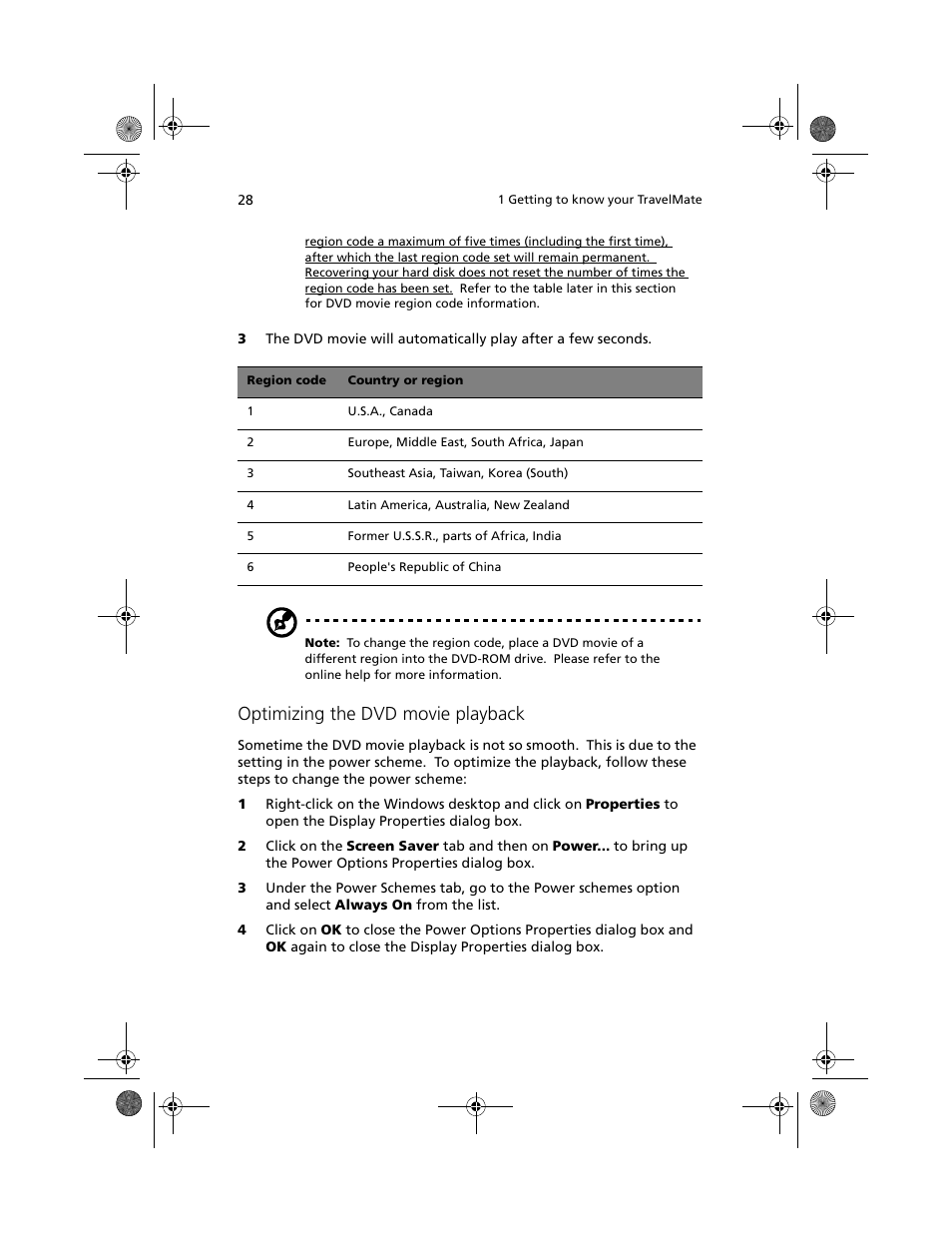 Optimizing the dvd movie playback | Acer 100 Series User Manual | Page 38 / 94