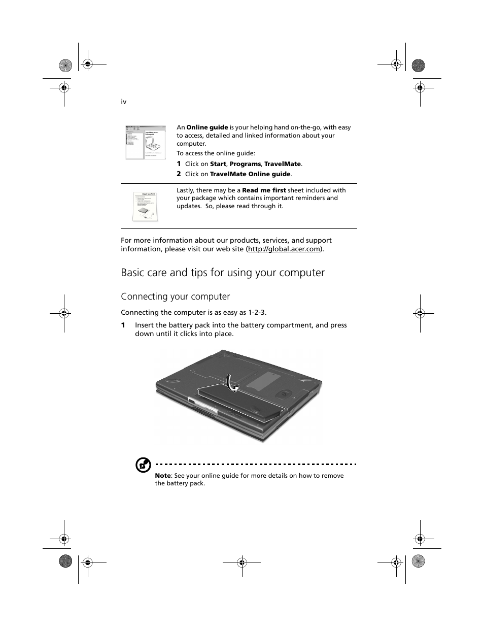 Basic care and tips for using your computer, Connecting your computer | Acer 100 Series User Manual | Page 4 / 94