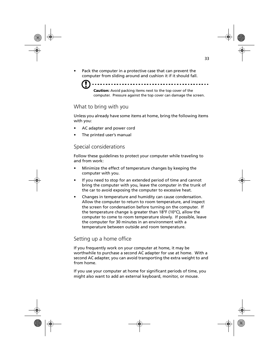 What to bring with you, Special considerations, Setting up a home office | Acer 100 Series User Manual | Page 43 / 94