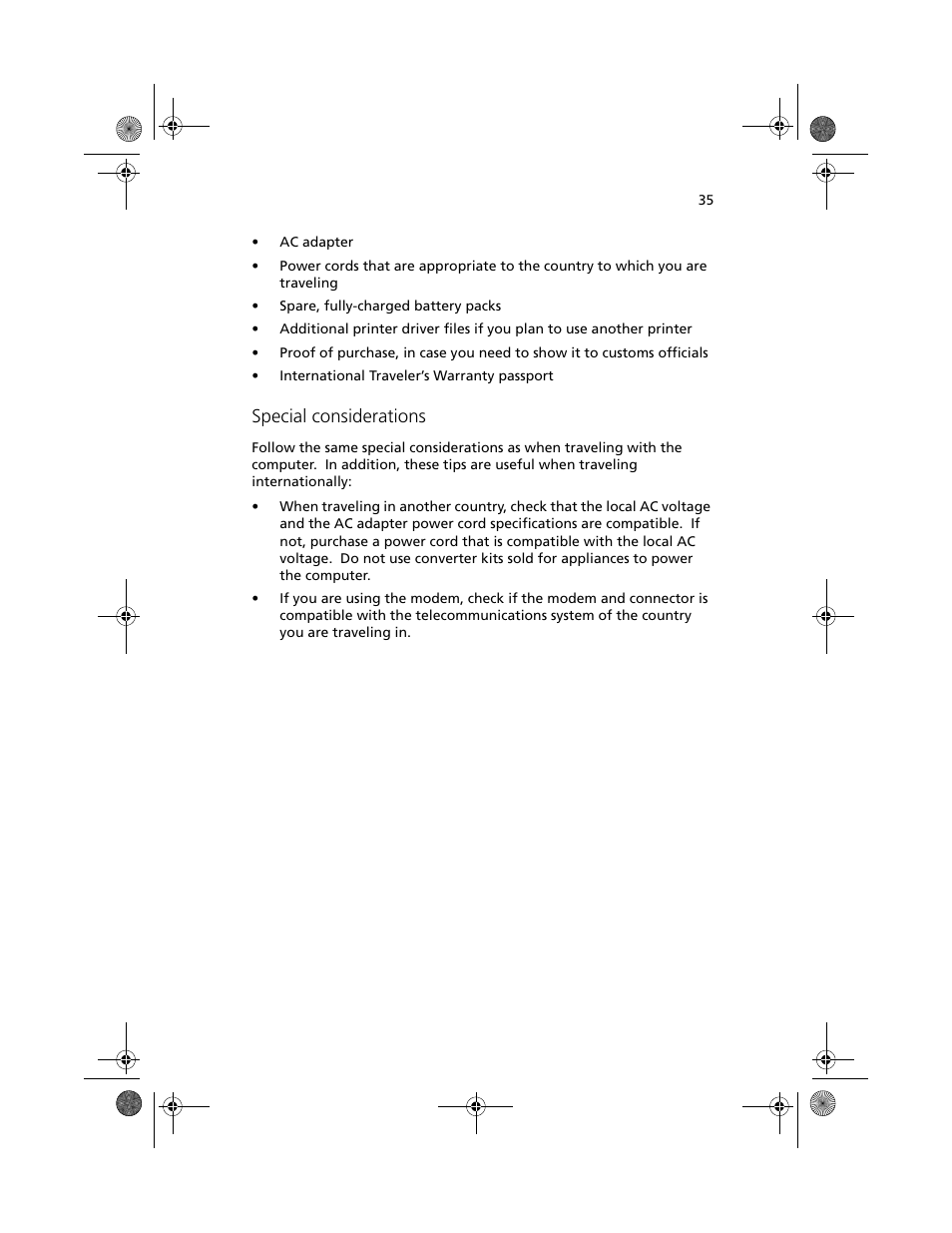 Special considerations | Acer 100 Series User Manual | Page 45 / 94