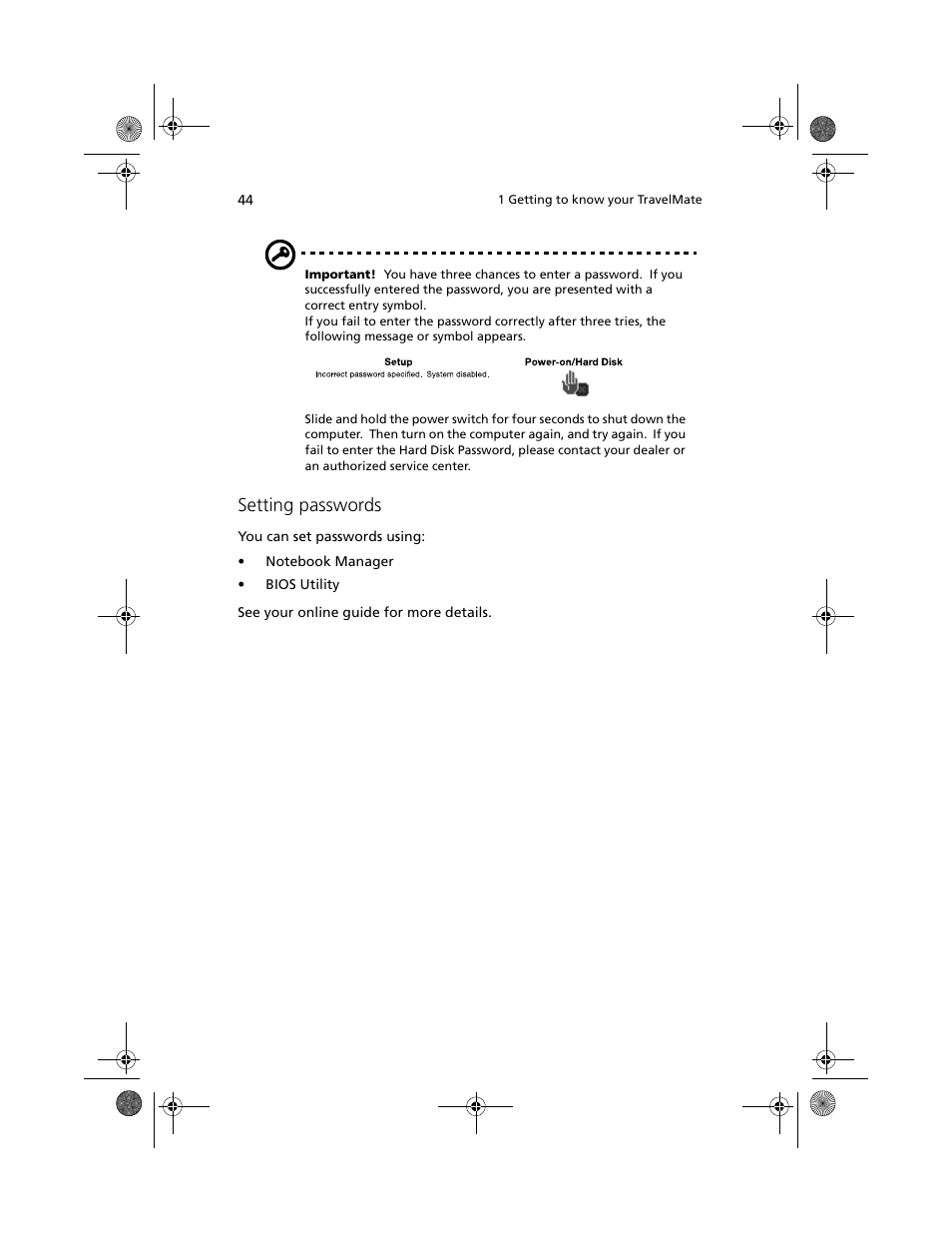 Setting passwords | Acer 100 Series User Manual | Page 54 / 94