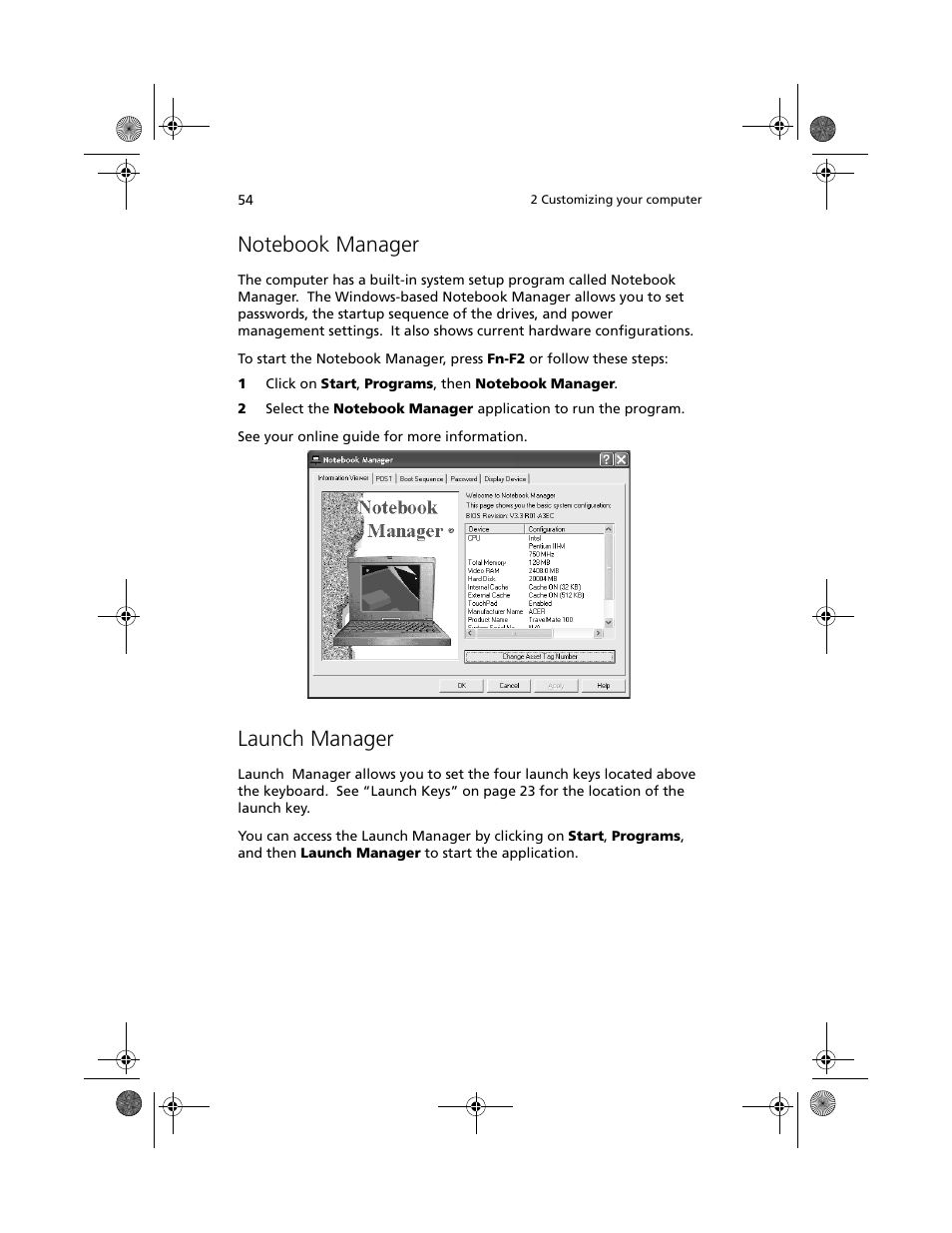 Notebook manager, Launch manager | Acer 100 Series User Manual | Page 64 / 94