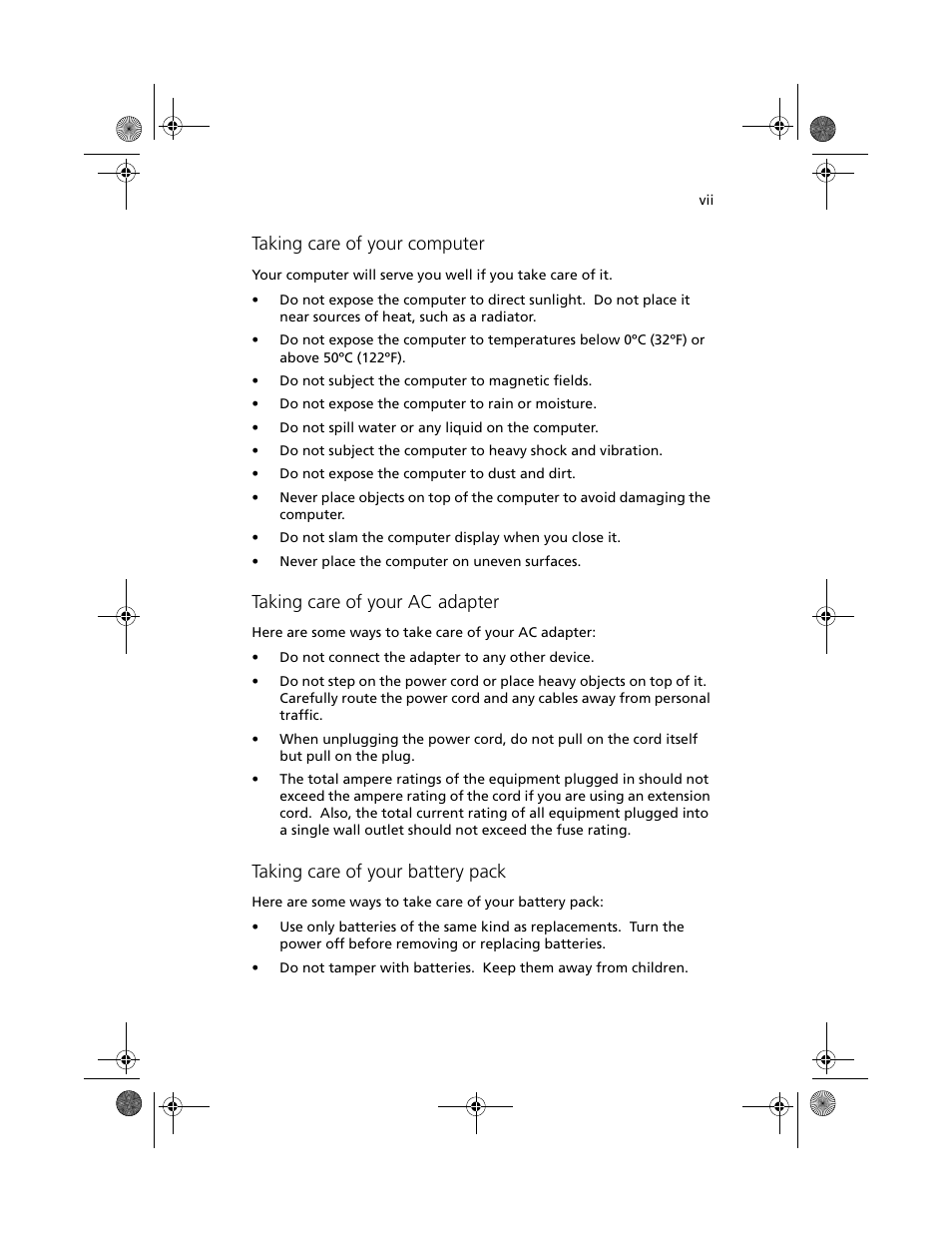 Taking care of your computer, Taking care of your ac adapter, Taking care of your battery pack | Acer 100 Series User Manual | Page 7 / 94