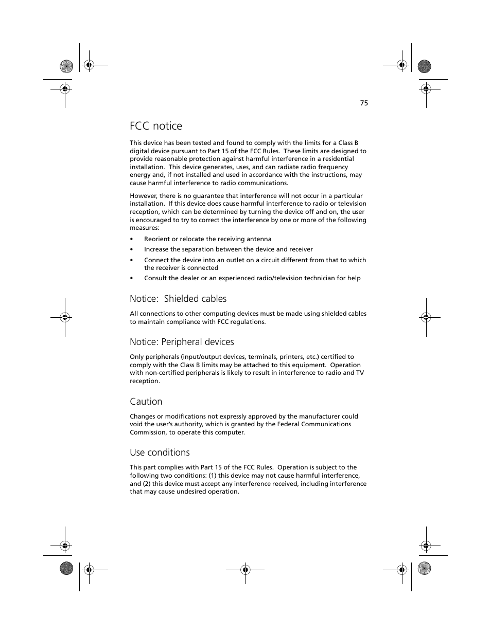 Fcc notice, Notice: shielded cables, Notice: peripheral devices | Caution, Use conditions | Acer 100 Series User Manual | Page 85 / 94