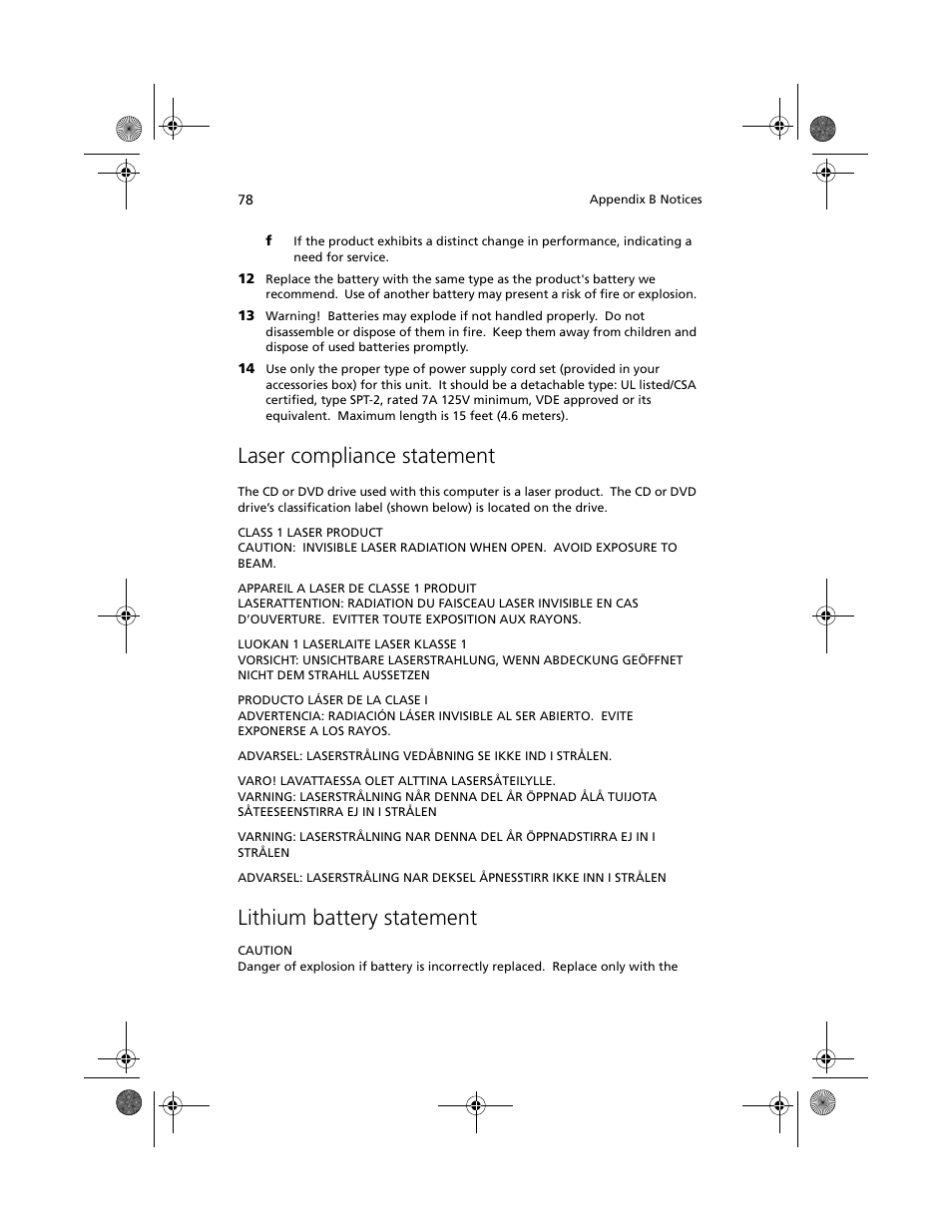Laser compliance statement, Lithium battery statement | Acer 100 Series User Manual | Page 88 / 94