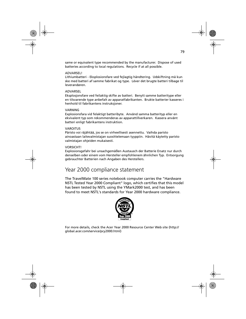 Year 2000 compliance statement | Acer 100 Series User Manual | Page 89 / 94