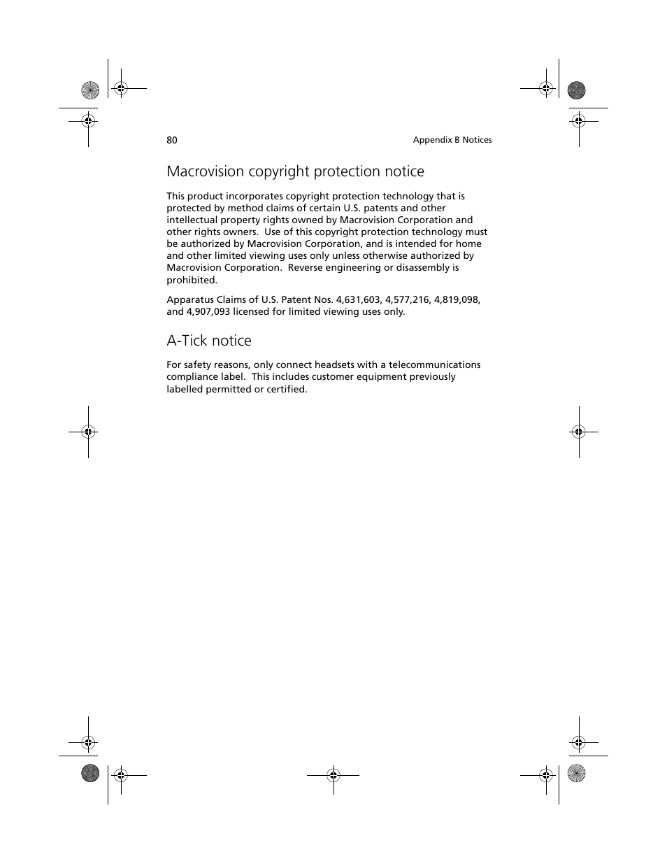 Macrovision copyright protection notice, A-tick notice | Acer 100 Series User Manual | Page 90 / 94