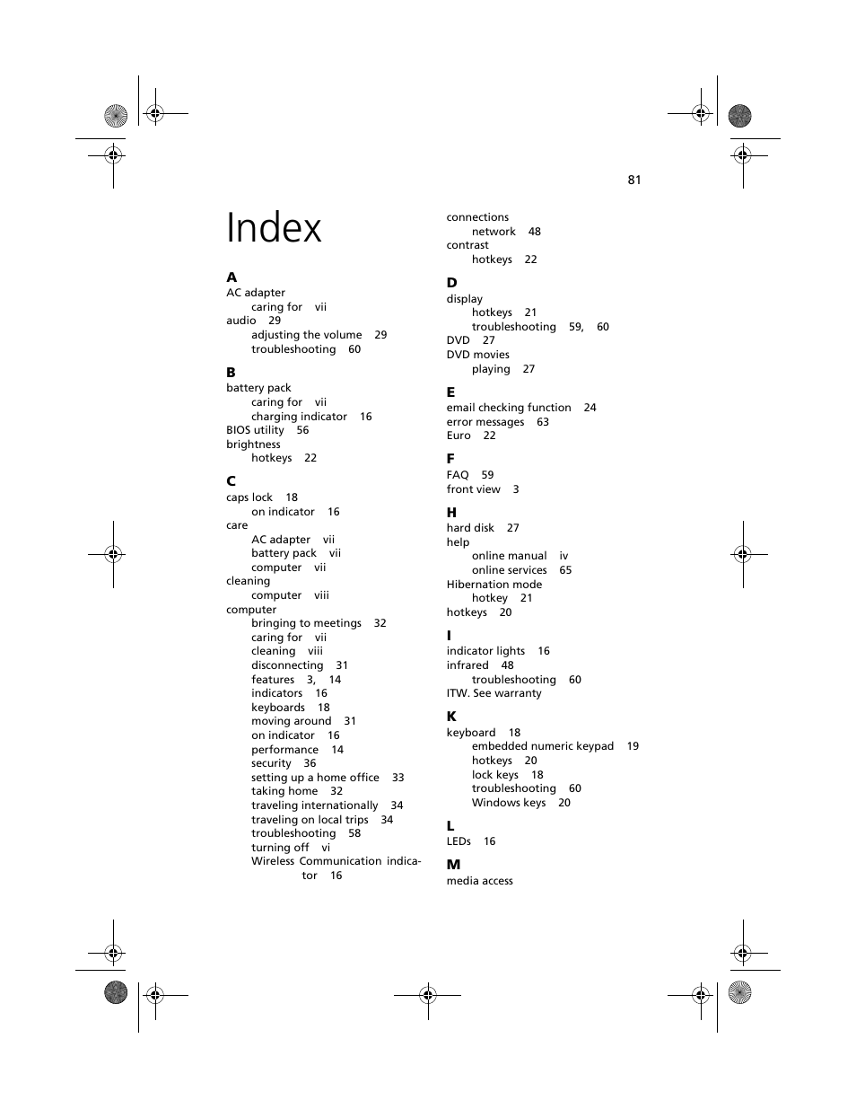 Index | Acer 100 Series User Manual | Page 91 / 94