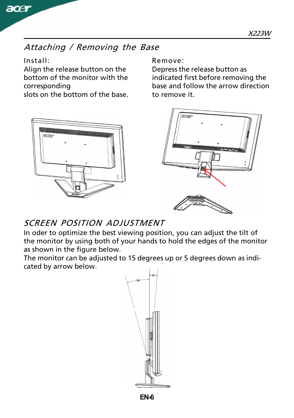Attaching / removing the base, Screen position adjustment | Acer X223W User Manual | Page 12 / 26