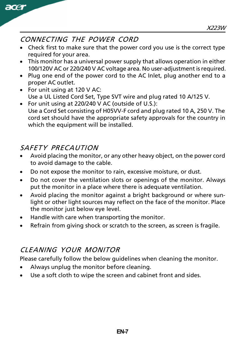 Connecting the power cord, Safety precaution, Cleaning your monitor | Acer X223W User Manual | Page 13 / 26