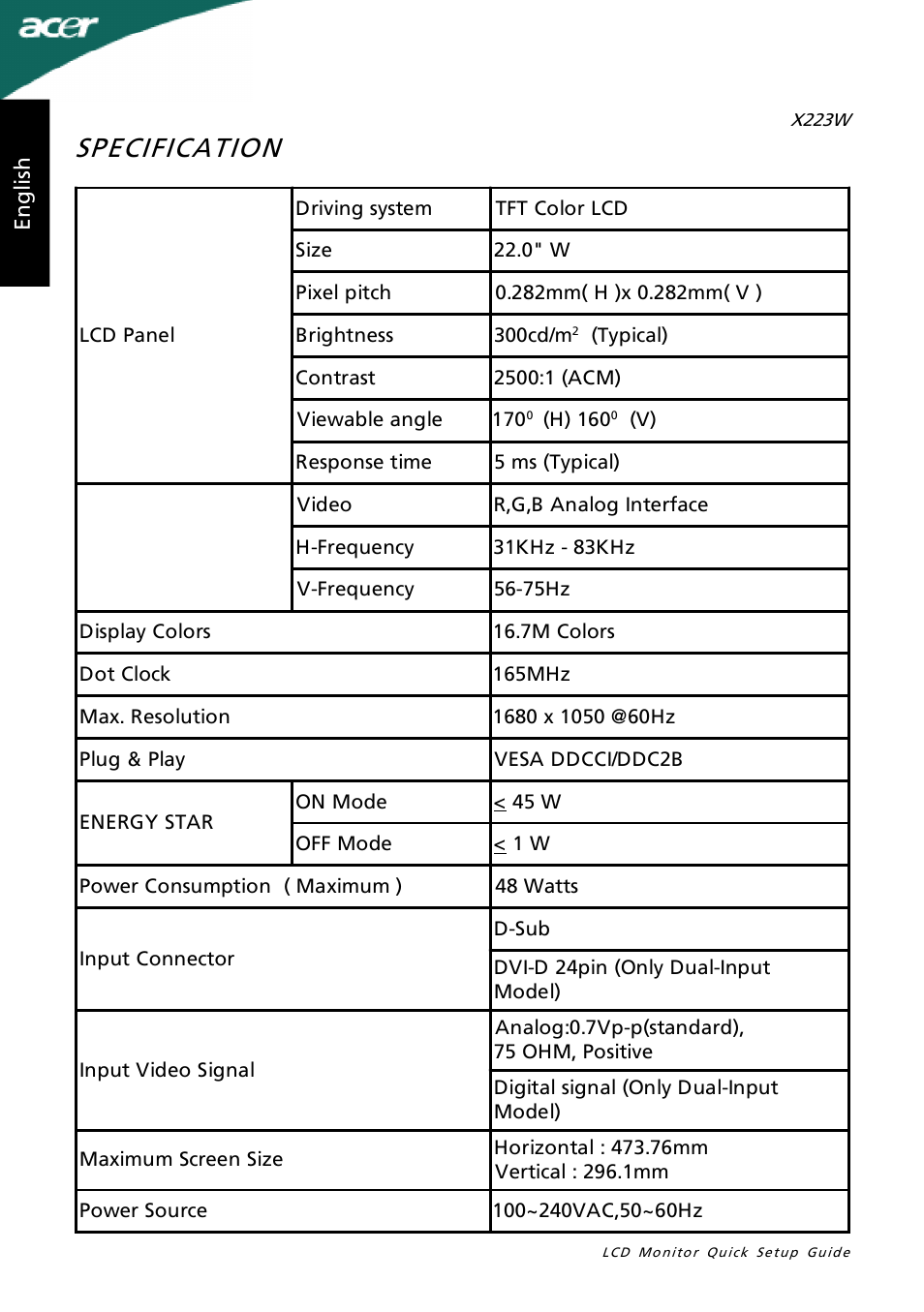 Specification | Acer X223W User Manual | Page 4 / 26
