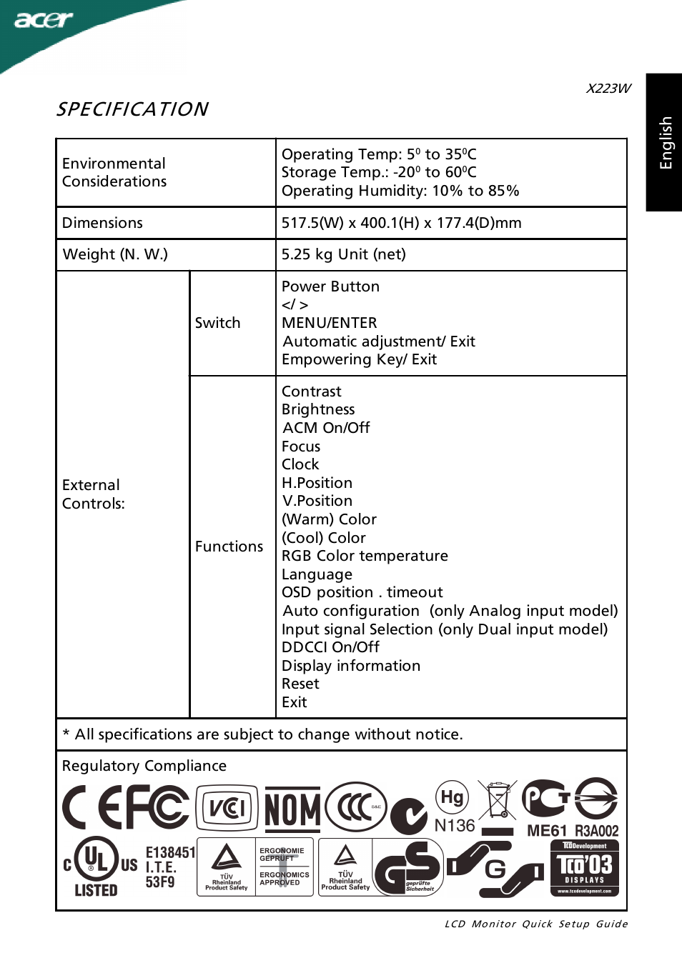 Specification | Acer X223W User Manual | Page 5 / 26