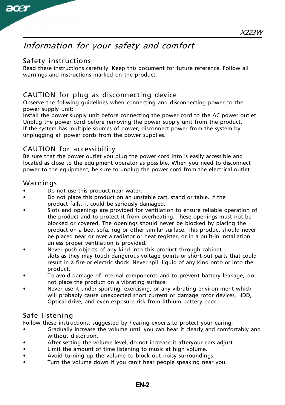 Information for your safety and, Comfort, X223w | Acer X223W User Manual | Page 8 / 26