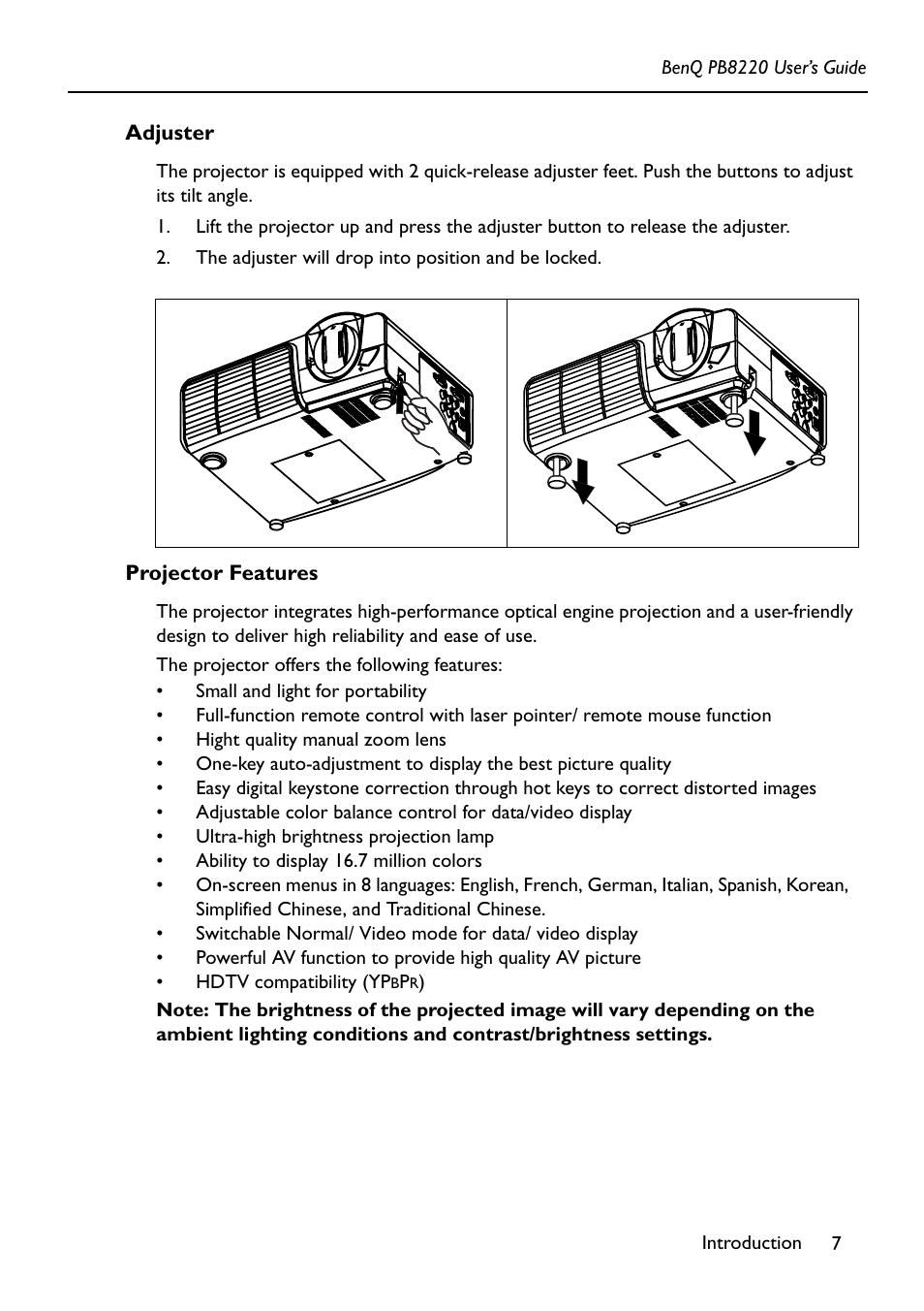 The adjuster will drop into position and be locked, Adjuster projector features | Acer PB8220 User Manual | Page 11 / 33