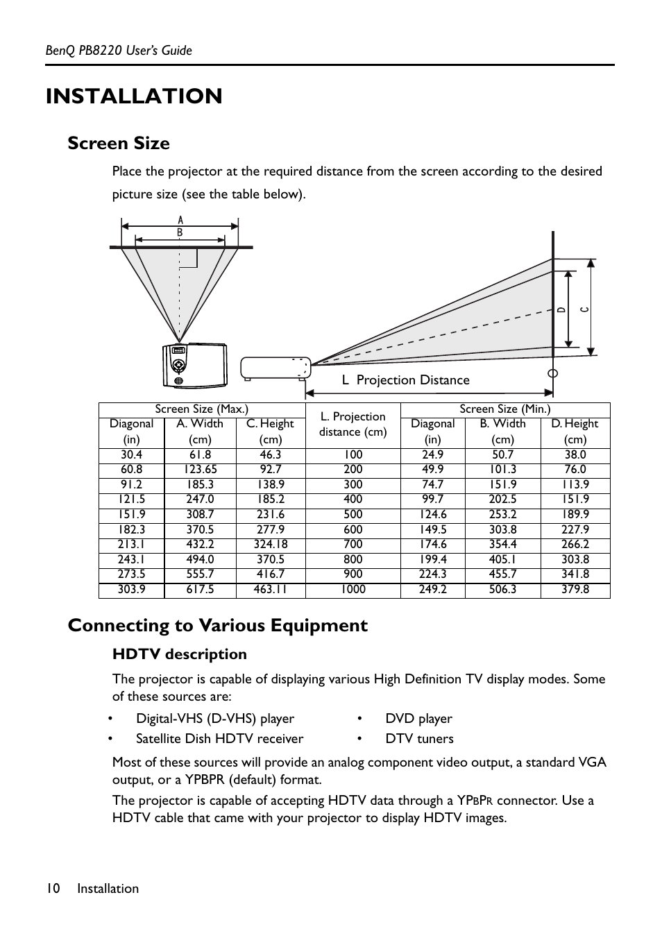 Installation, Hdtv description, Screen size | Connecting to various equipment | Acer PB8220 User Manual | Page 14 / 33
