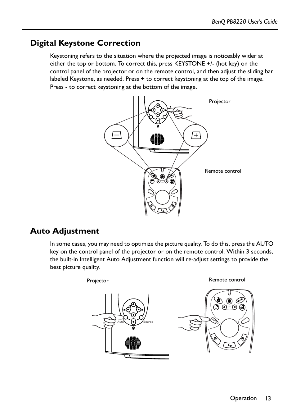 Digital keystone correction, Auto adjustment | Acer PB8220 User Manual | Page 17 / 33