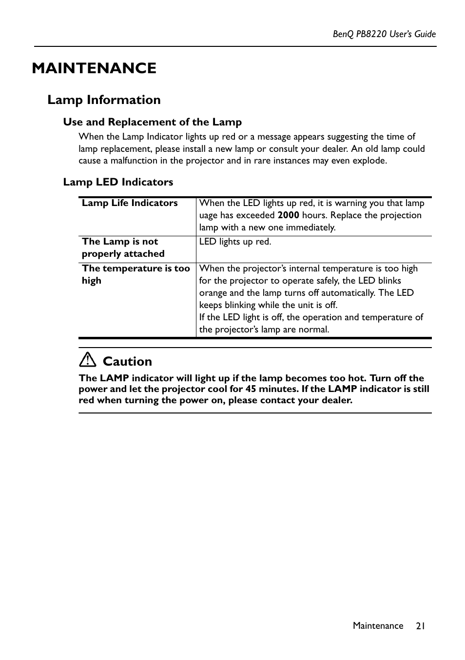 Maintenance, Lamp information, Use and replacement of the lamp | Lamp led indicators, Caution | Acer PB8220 User Manual | Page 25 / 33