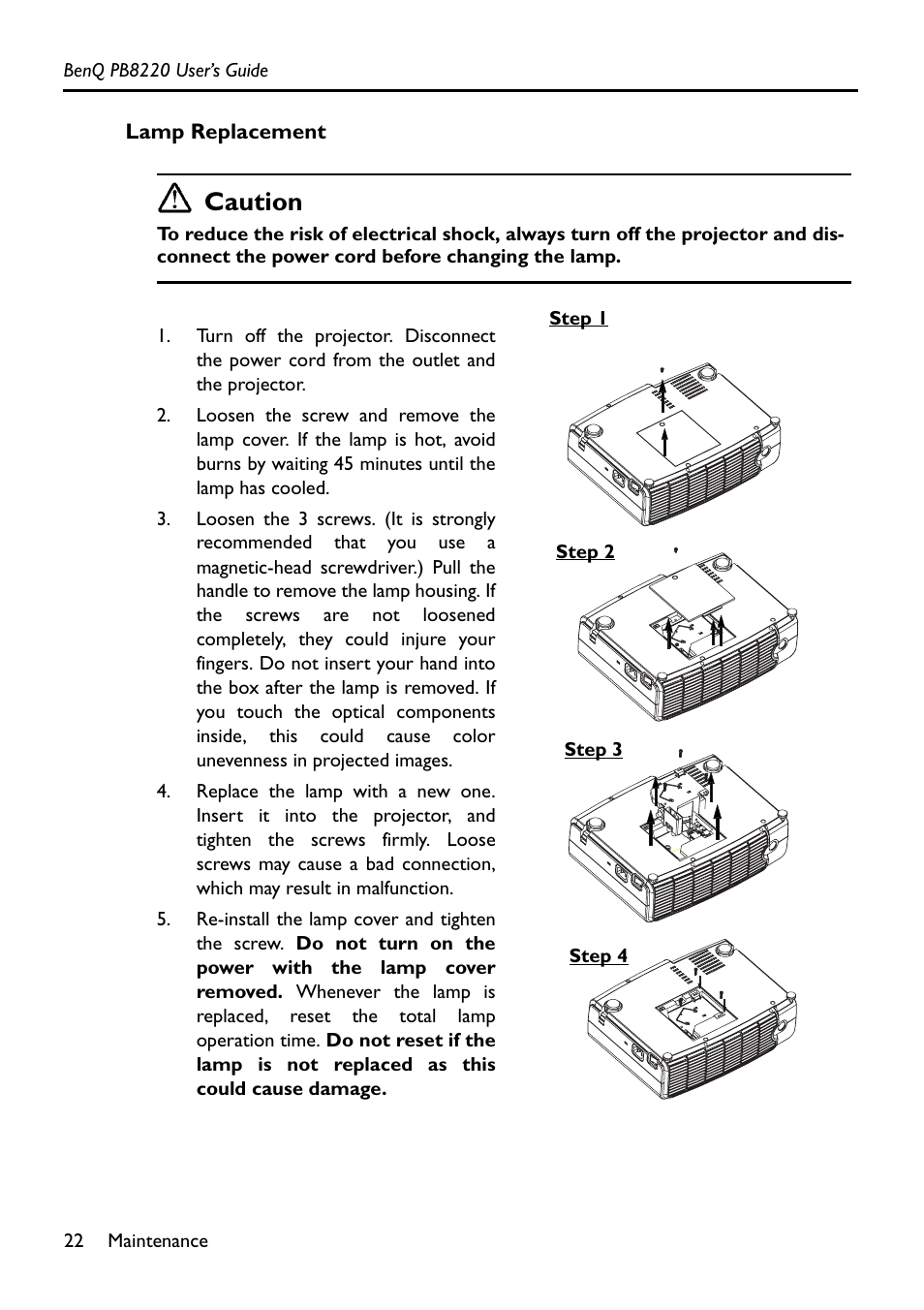 Lamp replacement, Caution | Acer PB8220 User Manual | Page 26 / 33