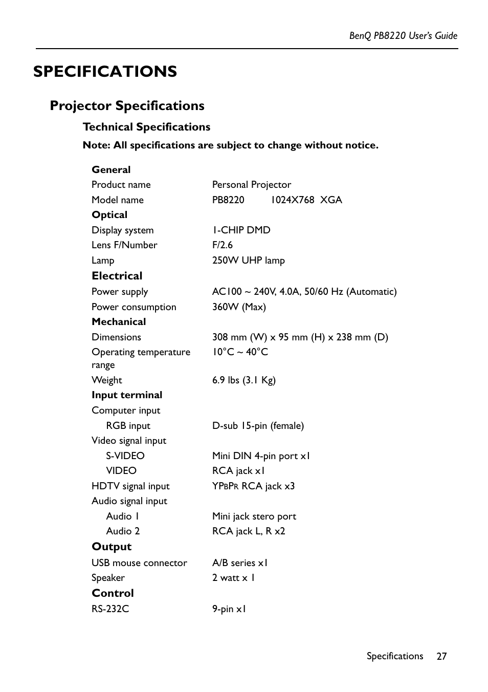 Specifications, Technical specifications, Projector specifications | Acer PB8220 User Manual | Page 31 / 33