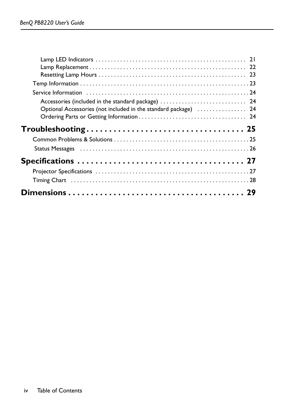Troubleshooting, Specifications, Dimensions | Acer PB8220 User Manual | Page 4 / 33