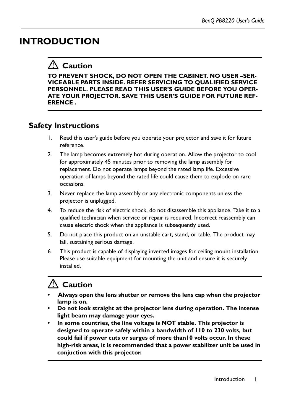 Introduction, Safety instructions, Caution | Acer PB8220 User Manual | Page 5 / 33