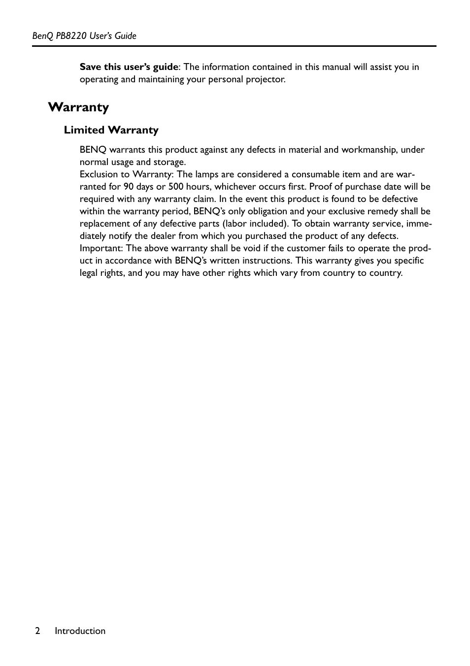 Warranty, Limited warranty | Acer PB8220 User Manual | Page 6 / 33