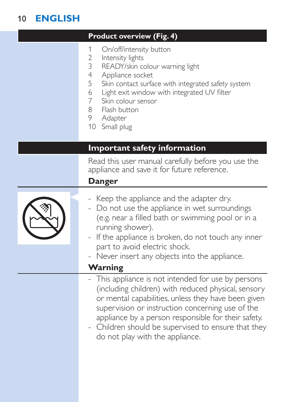 English | Philips Lumea Comfort IPL Haarentfernungssystem User Manual | Page 10 / 110