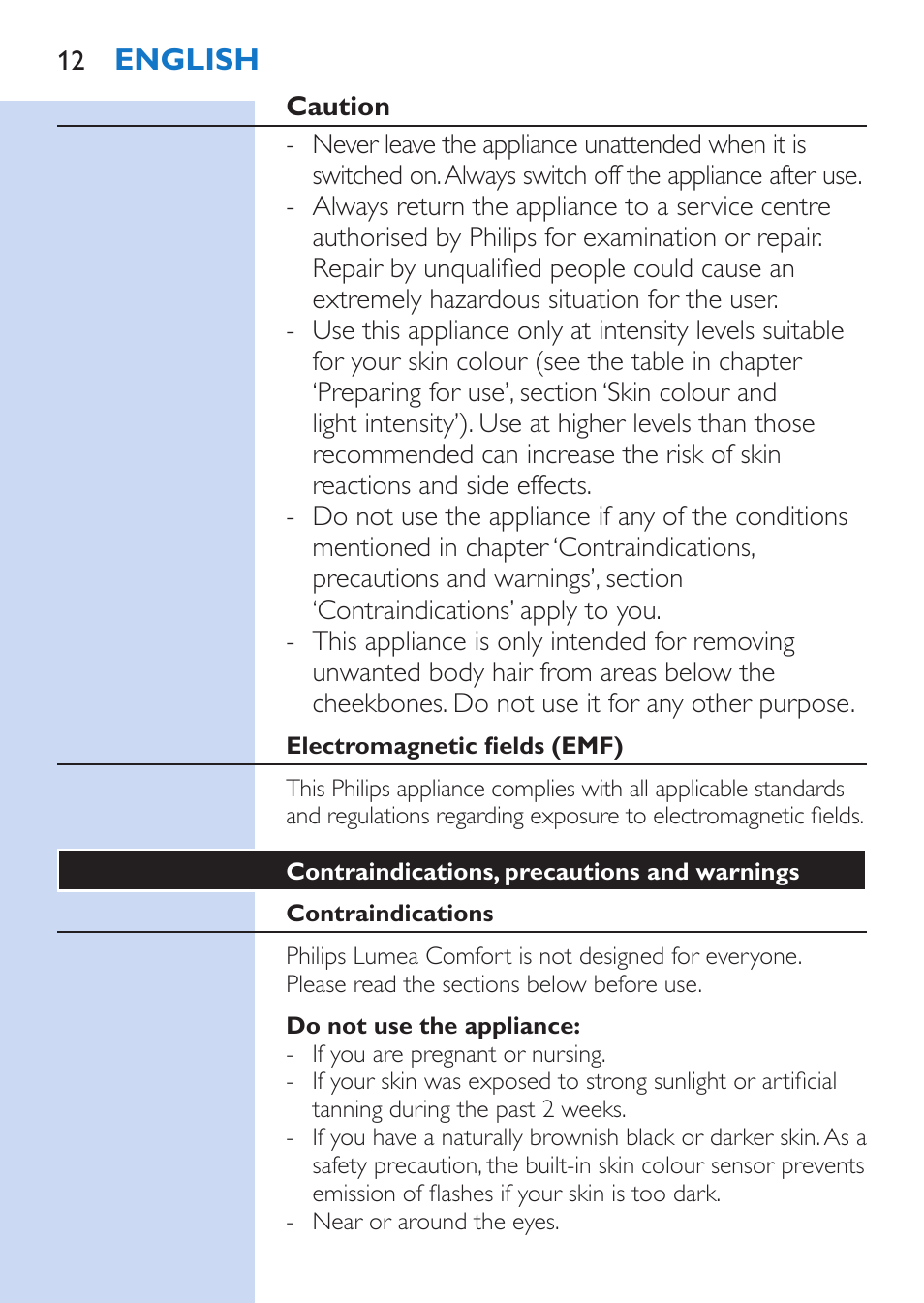 English | Philips Lumea Comfort IPL Haarentfernungssystem User Manual | Page 12 / 110