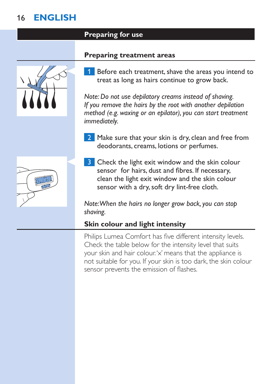 English | Philips Lumea Comfort IPL Haarentfernungssystem User Manual | Page 16 / 110