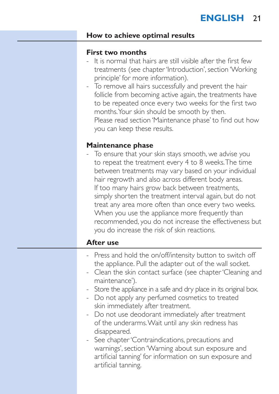 English | Philips Lumea Comfort IPL Haarentfernungssystem User Manual | Page 21 / 110