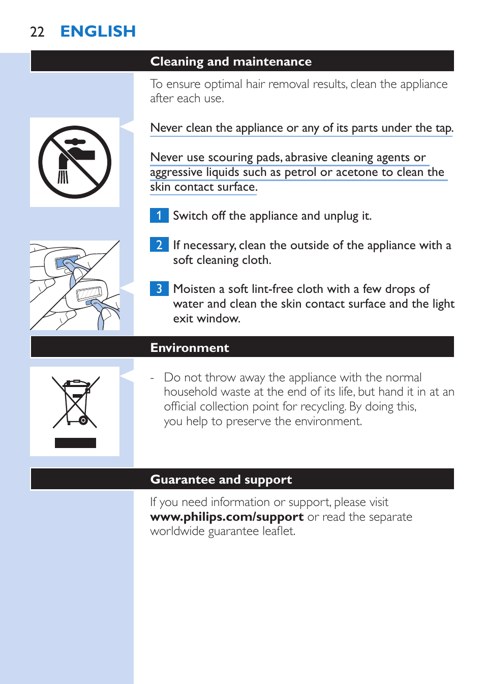 English | Philips Lumea Comfort IPL Haarentfernungssystem User Manual | Page 22 / 110