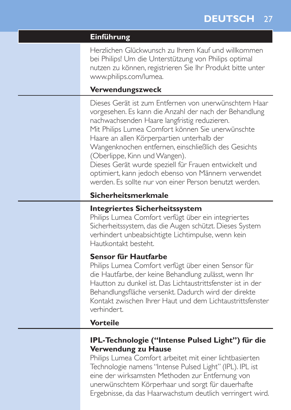 Deutsch, Deutsch 27 | Philips Lumea Comfort IPL Haarentfernungssystem User Manual | Page 27 / 110