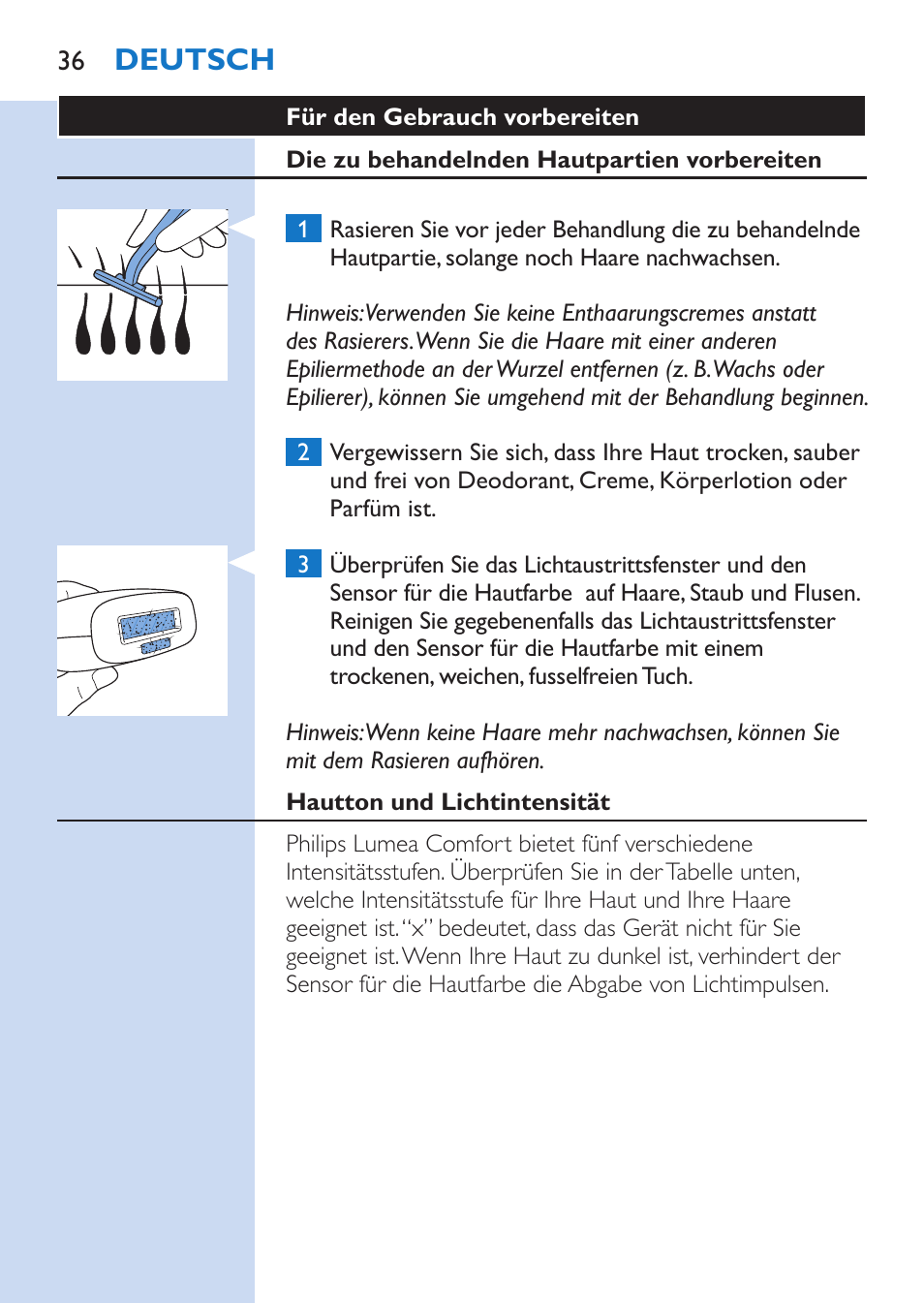 Deutsch | Philips Lumea Comfort IPL Haarentfernungssystem User Manual | Page 36 / 110