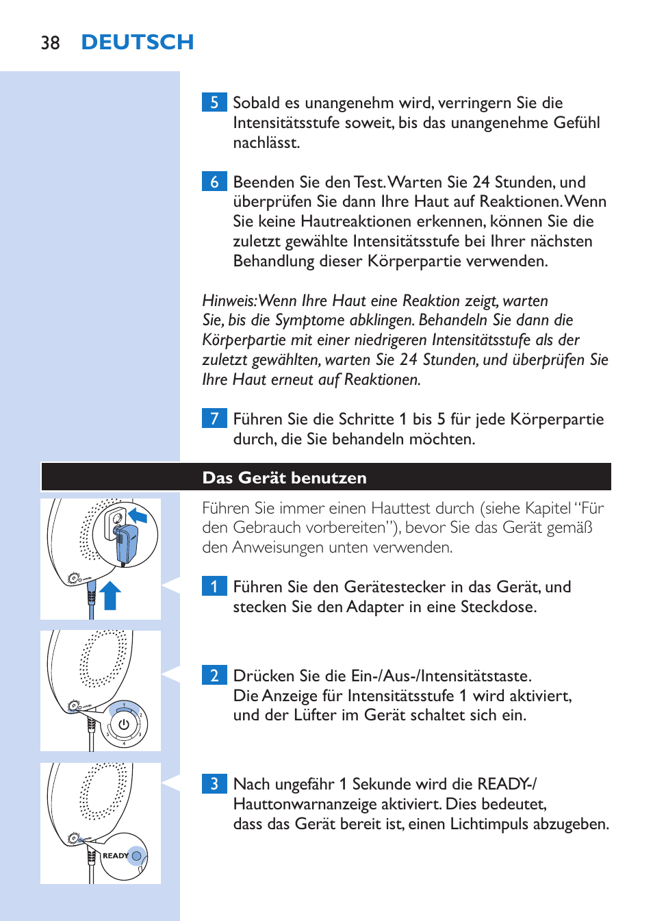 Deutsch | Philips Lumea Comfort IPL Haarentfernungssystem User Manual | Page 38 / 110