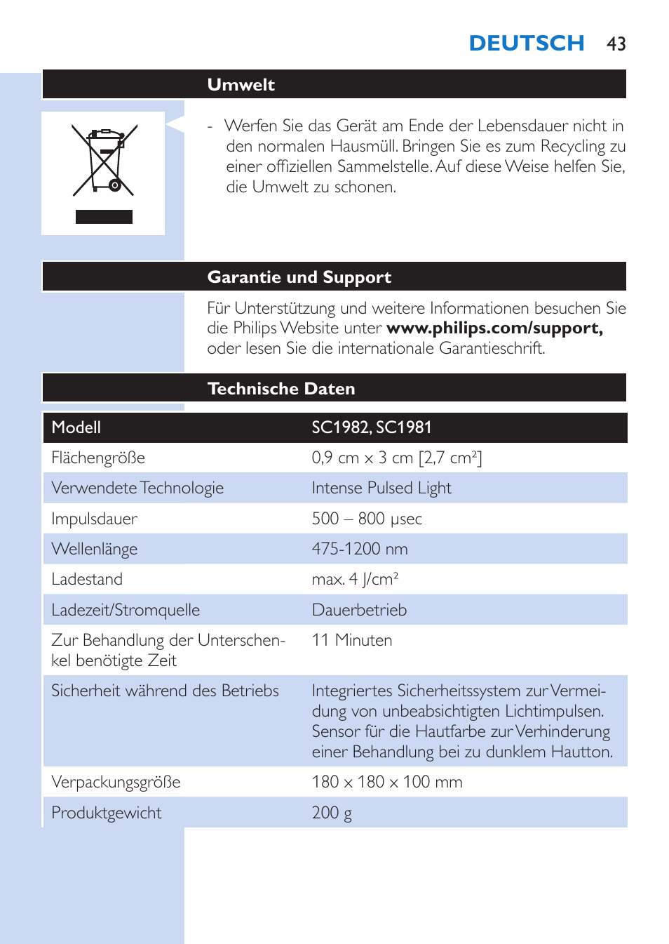 Deutsch | Philips Lumea Comfort IPL Haarentfernungssystem User Manual | Page 43 / 110