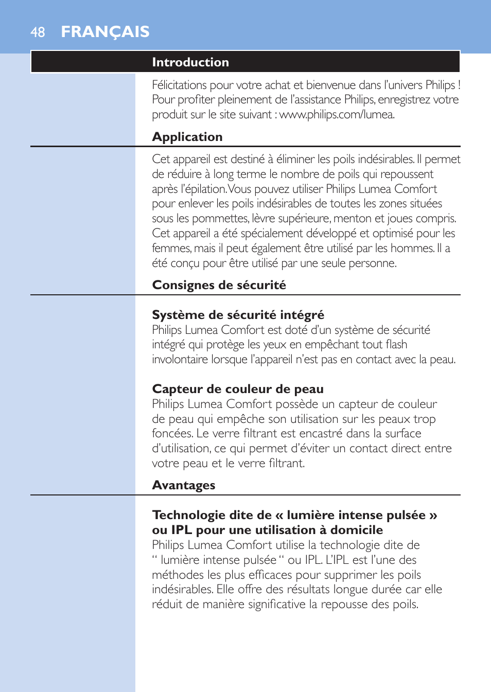 Français | Philips Lumea Comfort IPL Haarentfernungssystem User Manual | Page 48 / 110