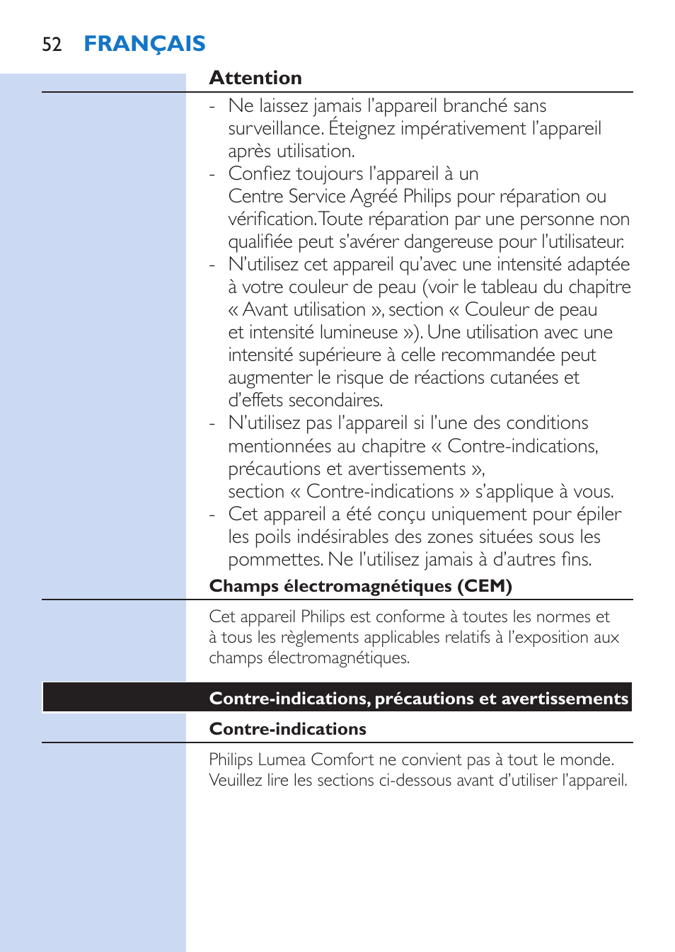 Français | Philips Lumea Comfort IPL Haarentfernungssystem User Manual | Page 52 / 110