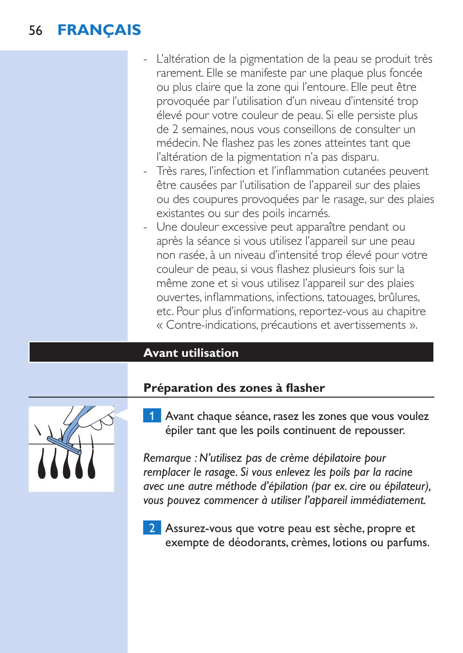 Français | Philips Lumea Comfort IPL Haarentfernungssystem User Manual | Page 56 / 110