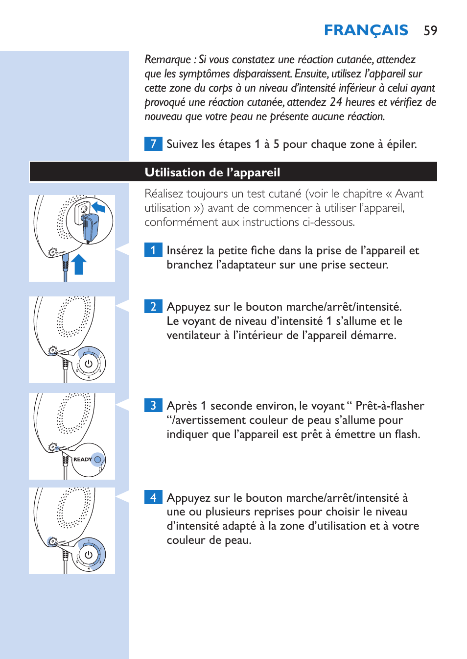 Français | Philips Lumea Comfort IPL Haarentfernungssystem User Manual | Page 59 / 110