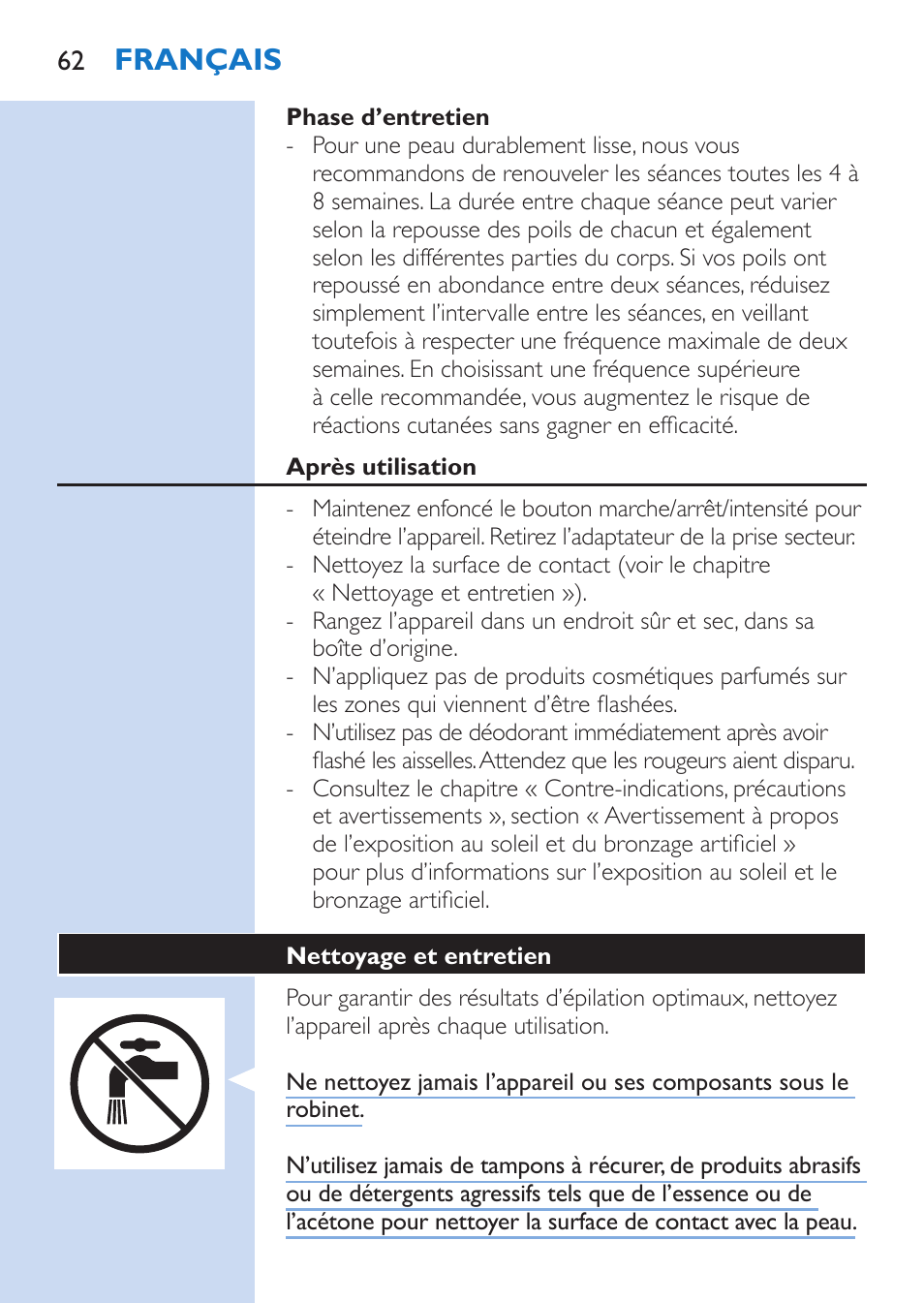 Français | Philips Lumea Comfort IPL Haarentfernungssystem User Manual | Page 62 / 110