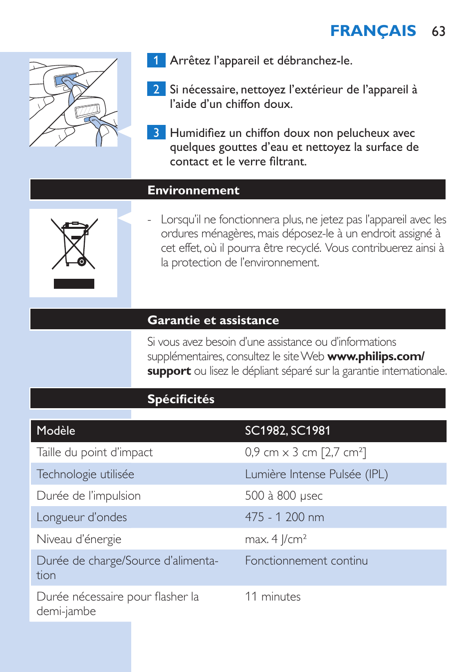 Français | Philips Lumea Comfort IPL Haarentfernungssystem User Manual | Page 63 / 110