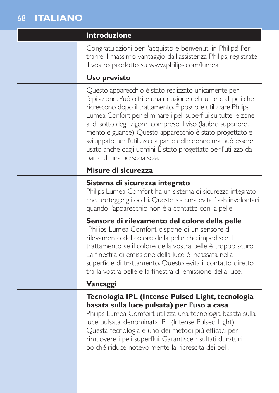 Italiano | Philips Lumea Comfort IPL Haarentfernungssystem User Manual | Page 68 / 110