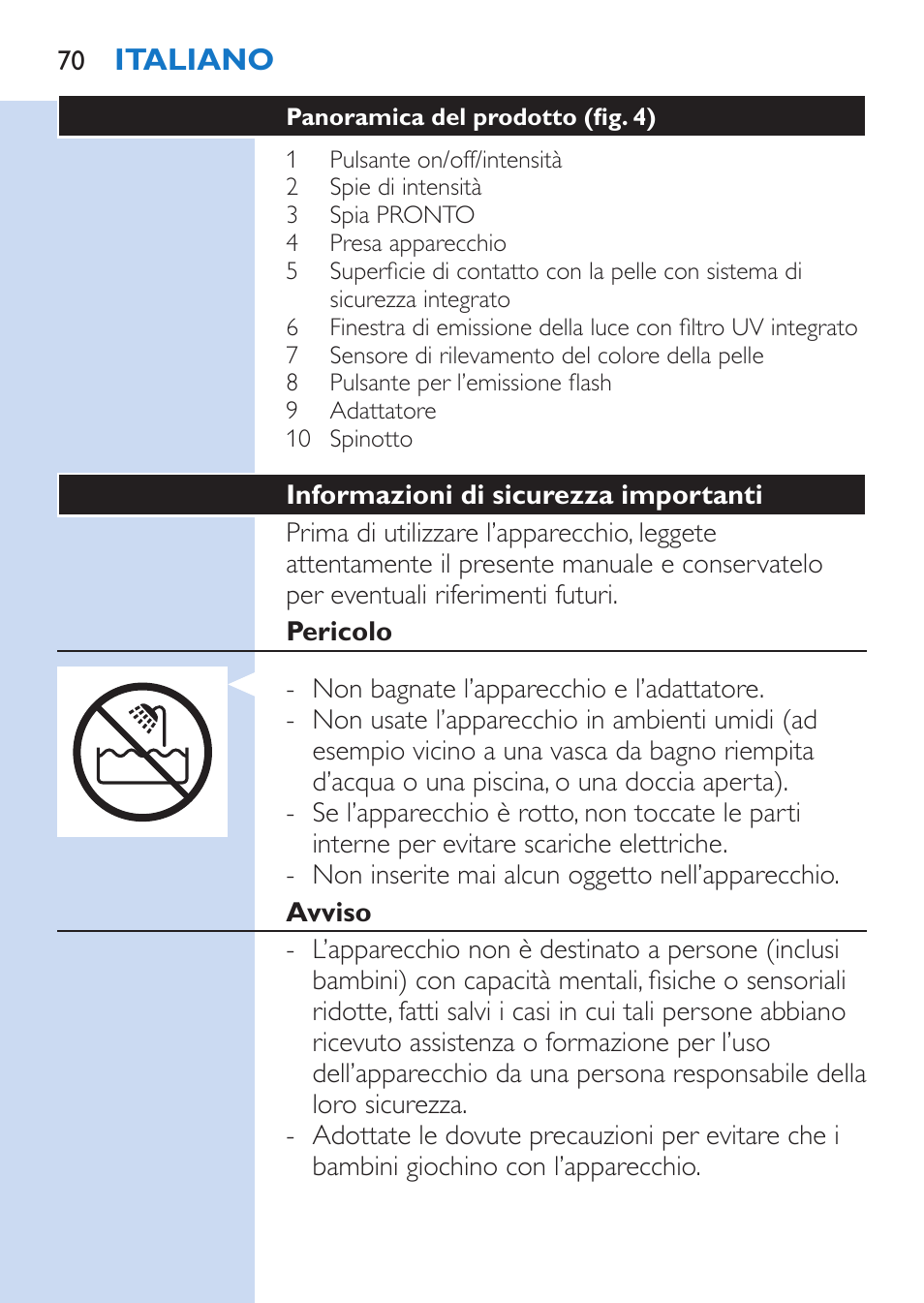 Italiano | Philips Lumea Comfort IPL Haarentfernungssystem User Manual | Page 70 / 110