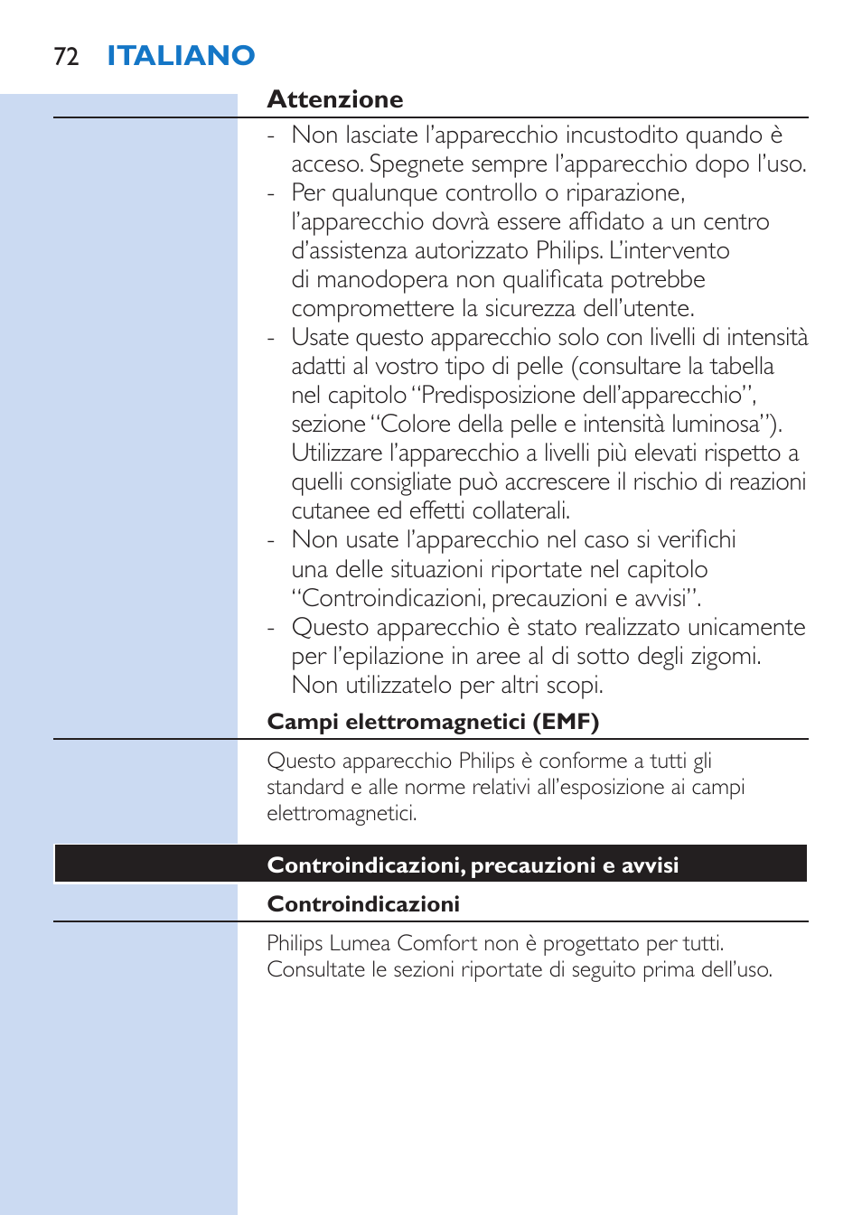 Italiano | Philips Lumea Comfort IPL Haarentfernungssystem User Manual | Page 72 / 110