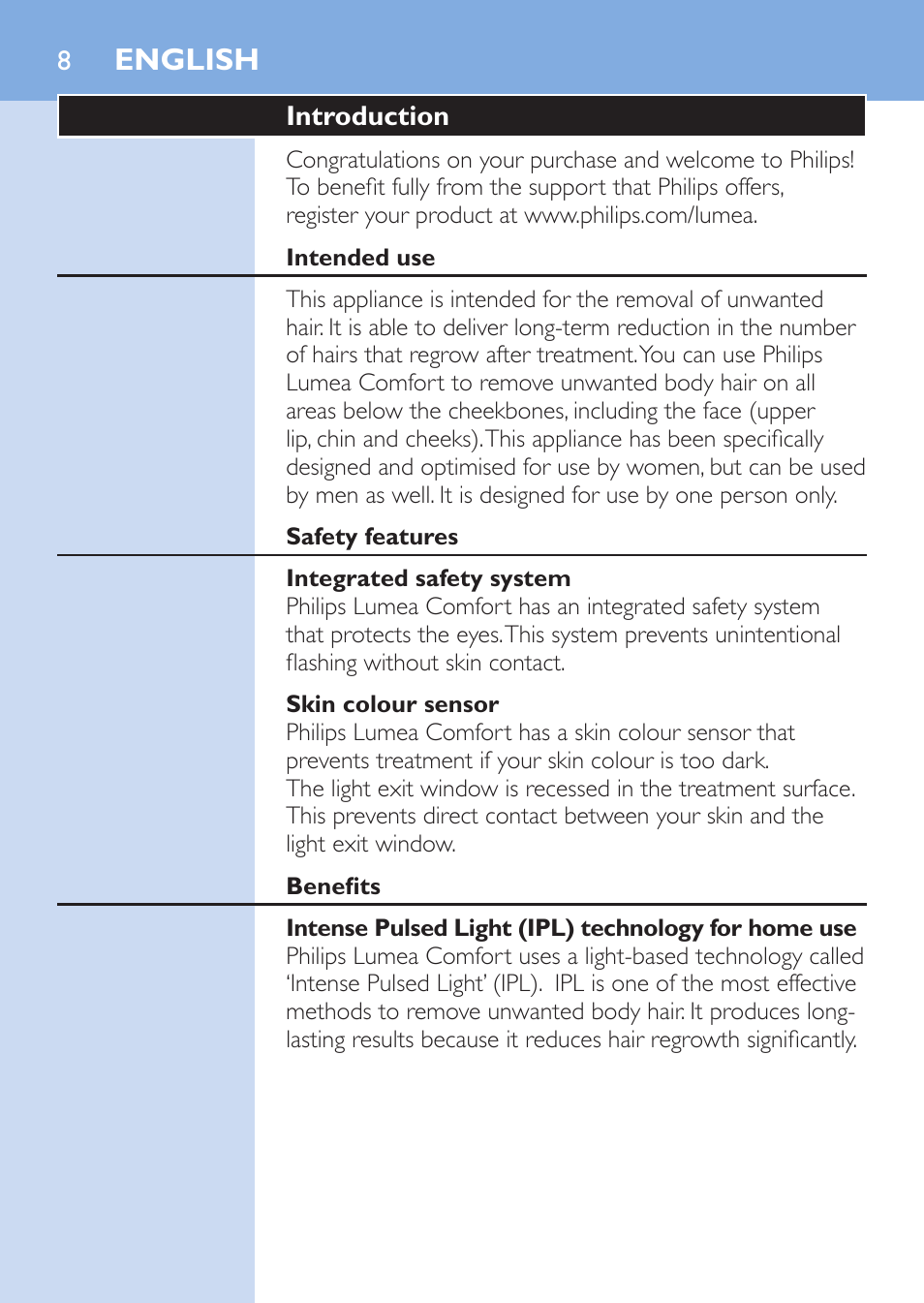 English, English 8 | Philips Lumea Comfort IPL Haarentfernungssystem User Manual | Page 8 / 110