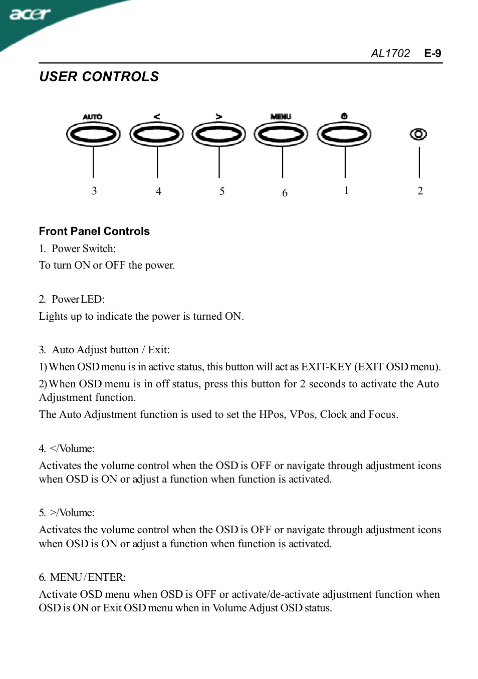 User controls | Acer AL1702 User Manual | Page 11 / 17
