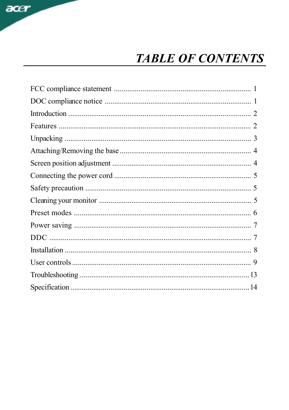 Acer AL1702 User Manual | Page 2 / 17