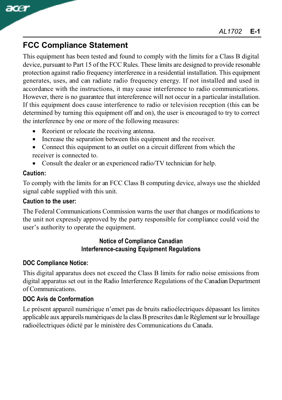 Fcc compliance statement | Acer AL1702 User Manual | Page 3 / 17