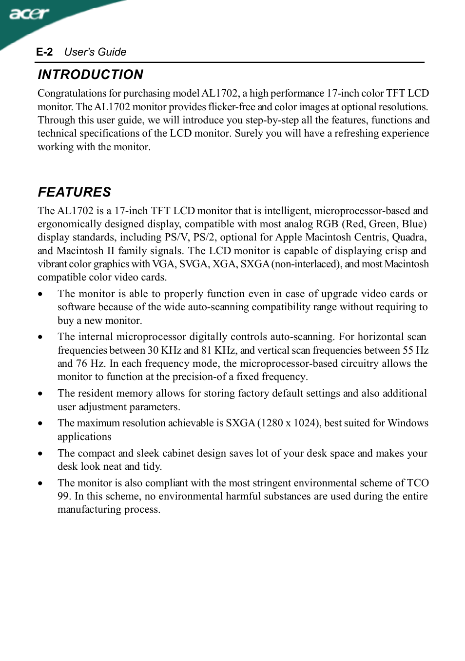 Introduction, Features | Acer AL1702 User Manual | Page 4 / 17