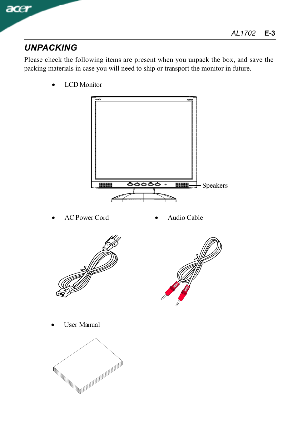 Unpacking | Acer AL1702 User Manual | Page 5 / 17